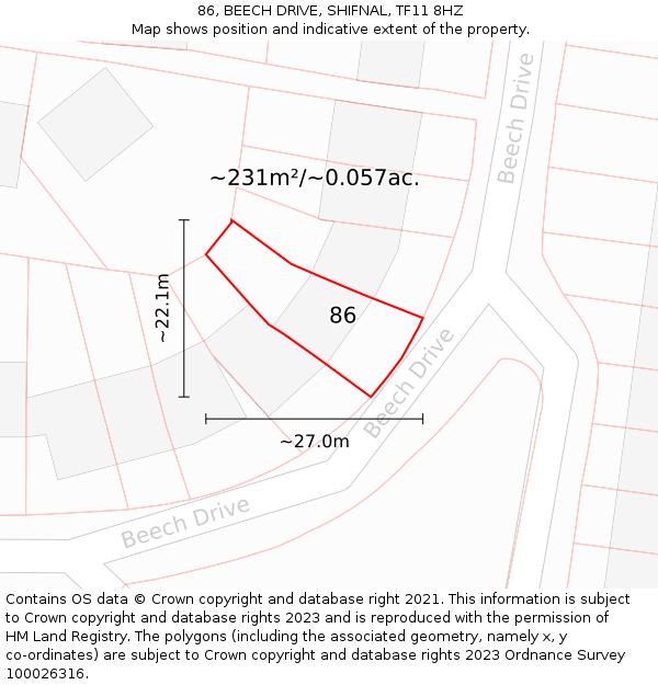 86, BEECH DRIVE, SHIFNAL, TF11 8HZ: Plot and title map