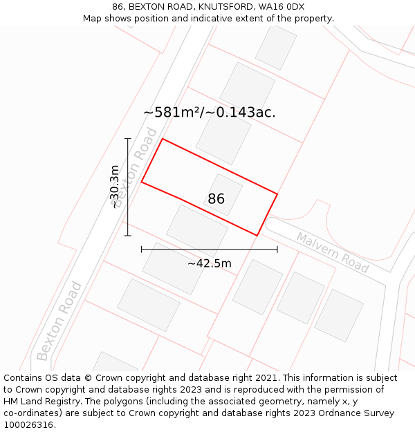 86, BEXTON ROAD, KNUTSFORD, WA16 0DX: Plot and title map