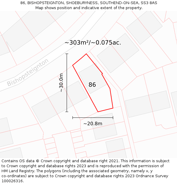 86, BISHOPSTEIGNTON, SHOEBURYNESS, SOUTHEND-ON-SEA, SS3 8AS: Plot and title map