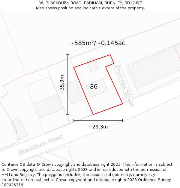 86, BLACKBURN ROAD, PADIHAM, BURNLEY, BB12 8JZ: Plot and title map