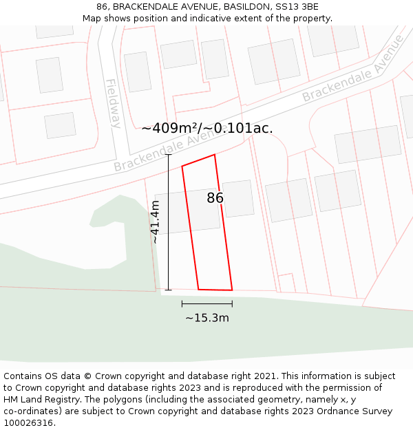 86, BRACKENDALE AVENUE, BASILDON, SS13 3BE: Plot and title map