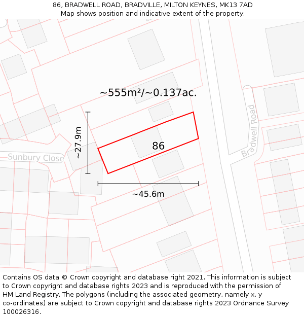 86, BRADWELL ROAD, BRADVILLE, MILTON KEYNES, MK13 7AD: Plot and title map