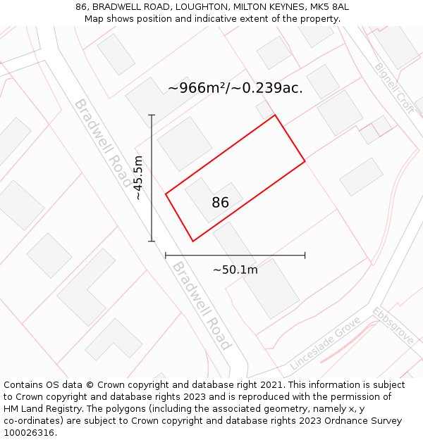 86, BRADWELL ROAD, LOUGHTON, MILTON KEYNES, MK5 8AL: Plot and title map