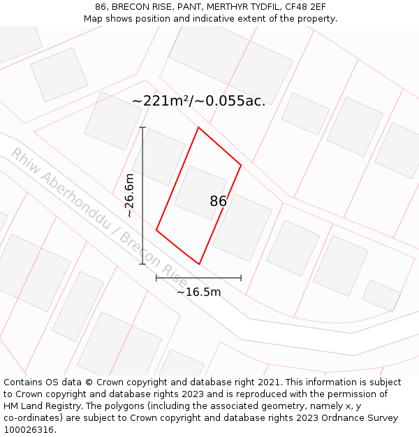 86, BRECON RISE, PANT, MERTHYR TYDFIL, CF48 2EF: Plot and title map