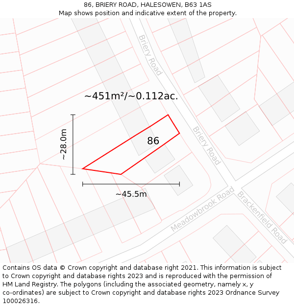 86, BRIERY ROAD, HALESOWEN, B63 1AS: Plot and title map