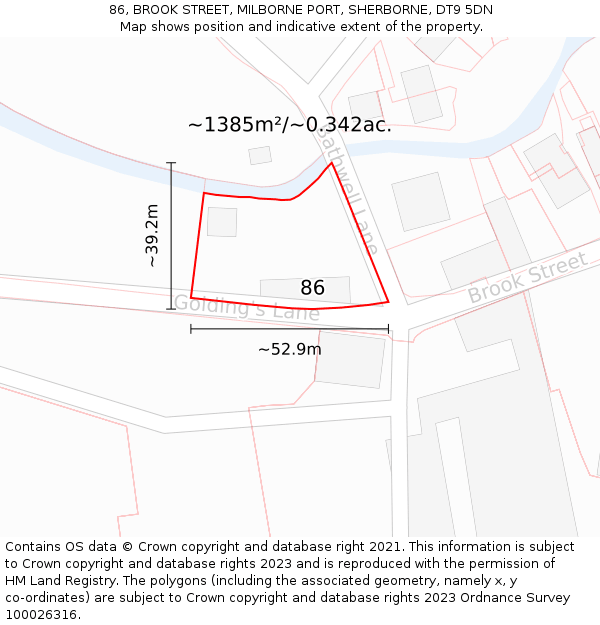 86, BROOK STREET, MILBORNE PORT, SHERBORNE, DT9 5DN: Plot and title map