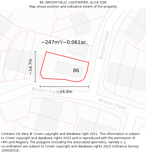 86, BROOM FIELD, LIGHTWATER, GU18 5QW: Plot and title map