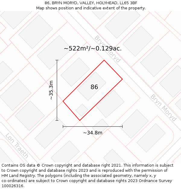 86, BRYN MORYD, VALLEY, HOLYHEAD, LL65 3BF: Plot and title map