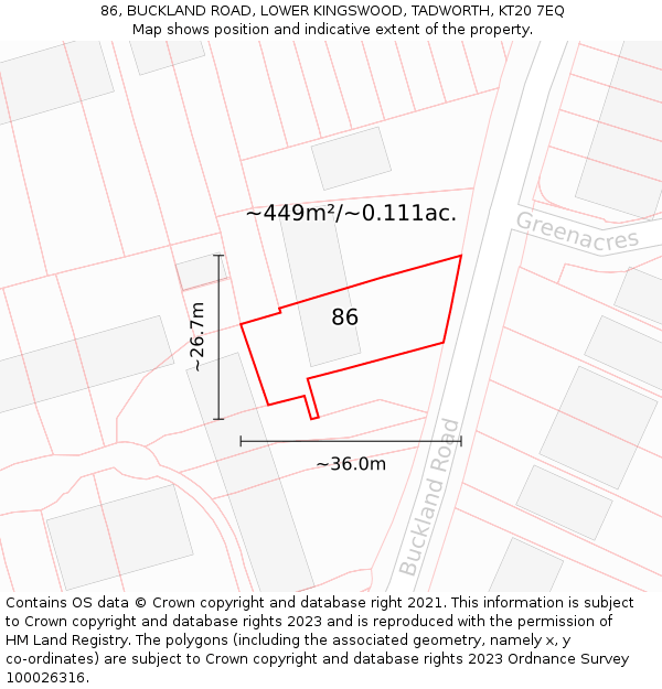 86, BUCKLAND ROAD, LOWER KINGSWOOD, TADWORTH, KT20 7EQ: Plot and title map