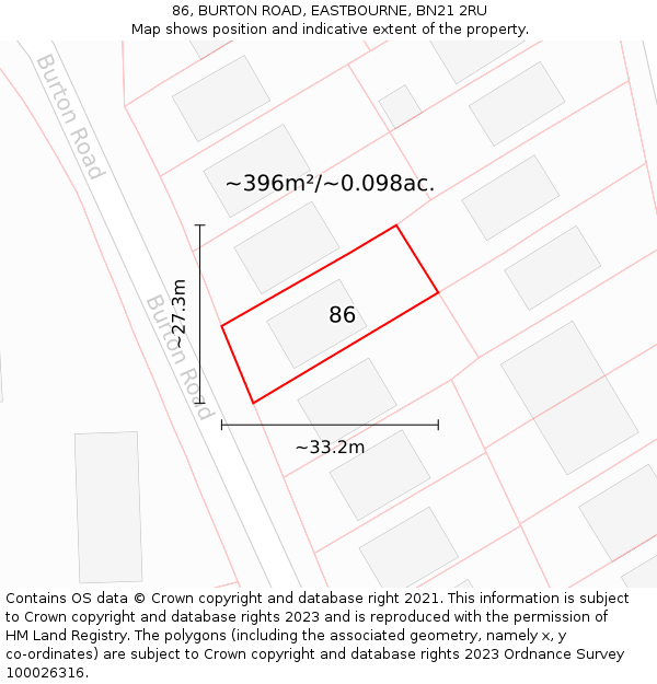 86, BURTON ROAD, EASTBOURNE, BN21 2RU: Plot and title map