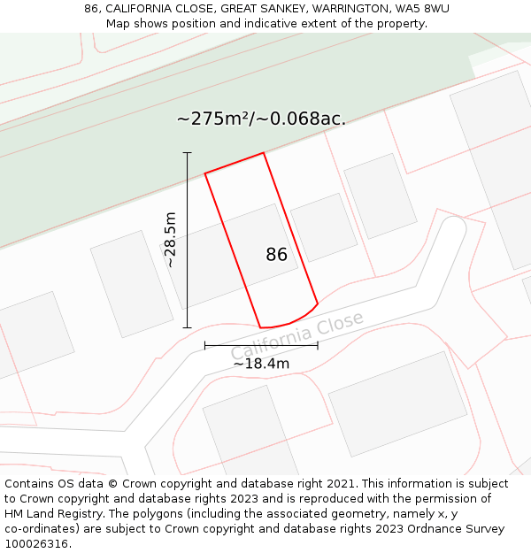 86, CALIFORNIA CLOSE, GREAT SANKEY, WARRINGTON, WA5 8WU: Plot and title map