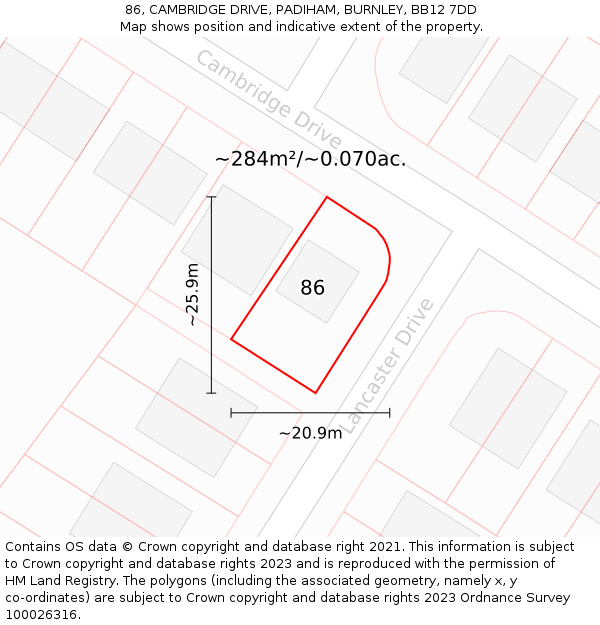 86, CAMBRIDGE DRIVE, PADIHAM, BURNLEY, BB12 7DD: Plot and title map