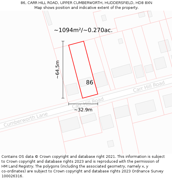 86, CARR HILL ROAD, UPPER CUMBERWORTH, HUDDERSFIELD, HD8 8XN: Plot and title map