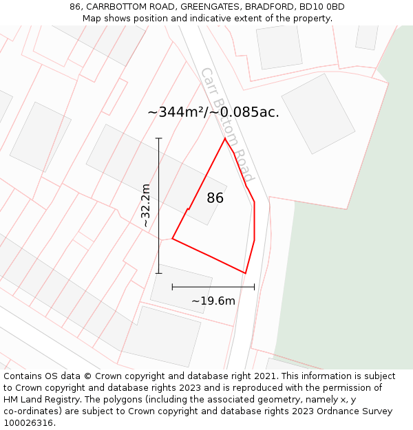 86, CARRBOTTOM ROAD, GREENGATES, BRADFORD, BD10 0BD: Plot and title map