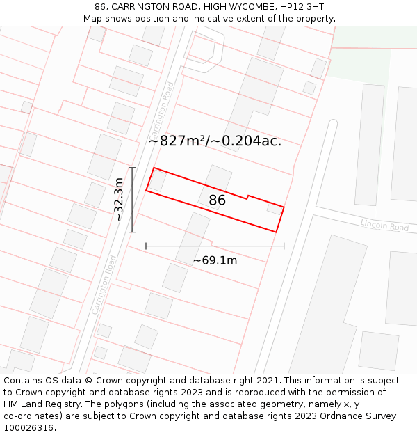 86, CARRINGTON ROAD, HIGH WYCOMBE, HP12 3HT: Plot and title map