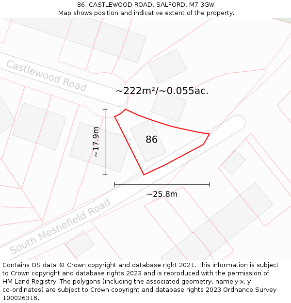 86, CASTLEWOOD ROAD, SALFORD, M7 3GW: Plot and title map