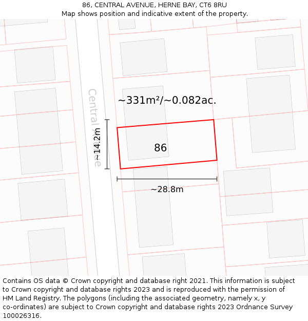 86, CENTRAL AVENUE, HERNE BAY, CT6 8RU: Plot and title map