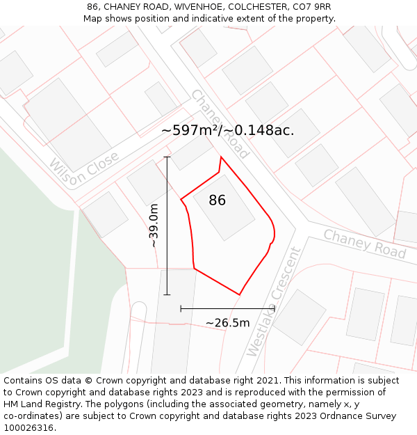 86, CHANEY ROAD, WIVENHOE, COLCHESTER, CO7 9RR: Plot and title map