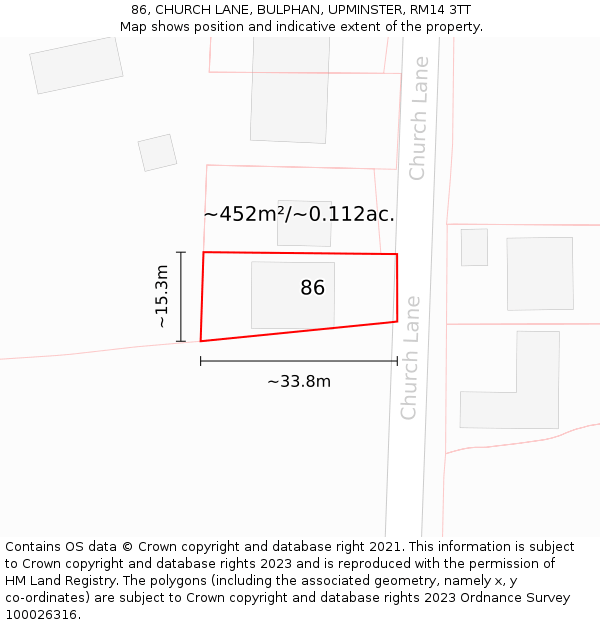 86, CHURCH LANE, BULPHAN, UPMINSTER, RM14 3TT: Plot and title map