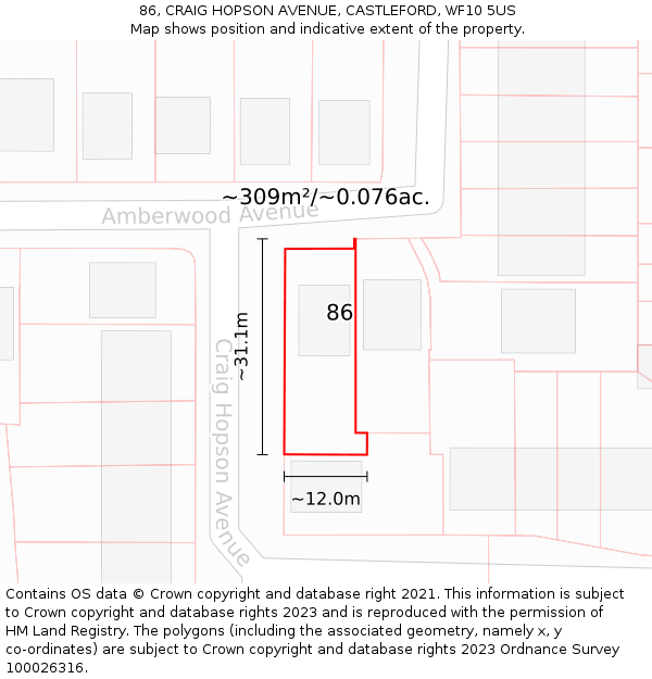 86, CRAIG HOPSON AVENUE, CASTLEFORD, WF10 5US: Plot and title map