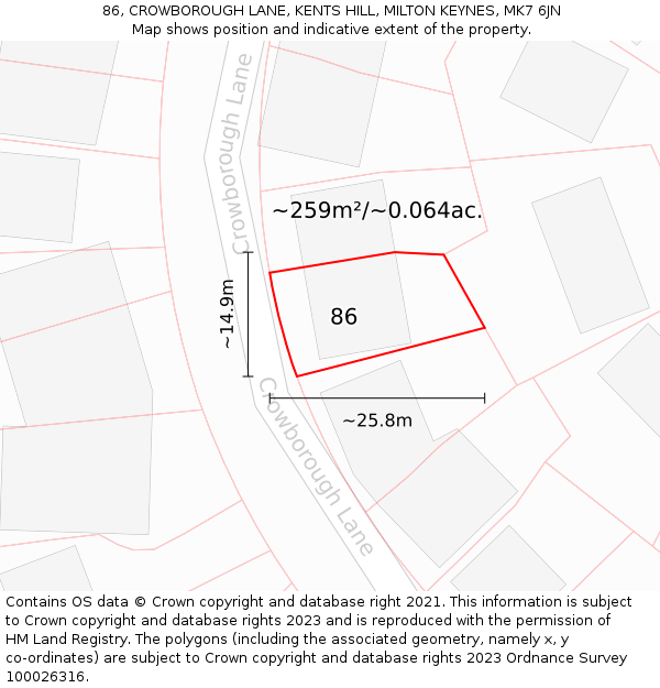 86, CROWBOROUGH LANE, KENTS HILL, MILTON KEYNES, MK7 6JN: Plot and title map