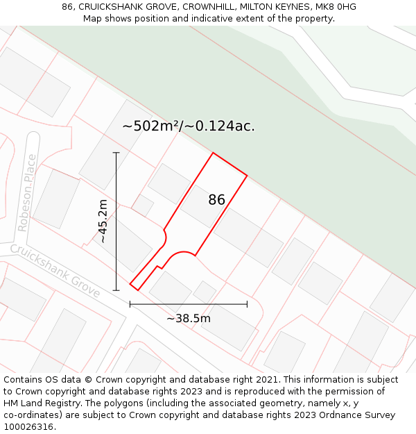 86, CRUICKSHANK GROVE, CROWNHILL, MILTON KEYNES, MK8 0HG: Plot and title map