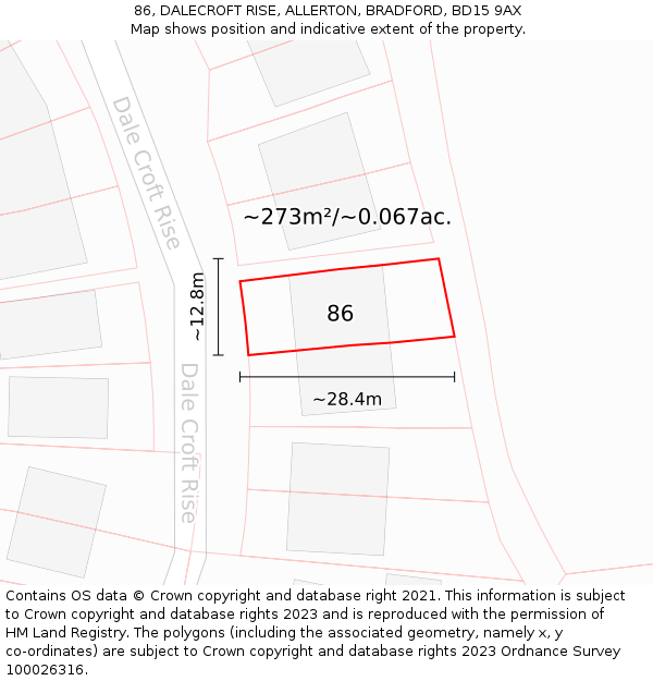 86, DALECROFT RISE, ALLERTON, BRADFORD, BD15 9AX: Plot and title map