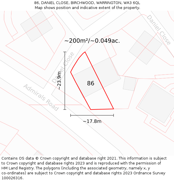 86, DANIEL CLOSE, BIRCHWOOD, WARRINGTON, WA3 6QL: Plot and title map