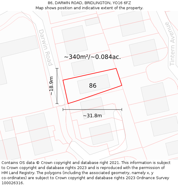 86, DARWIN ROAD, BRIDLINGTON, YO16 6FZ: Plot and title map