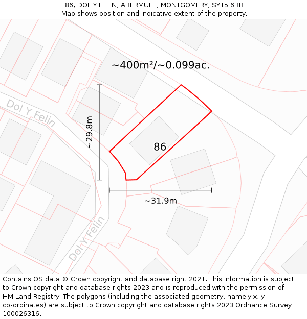 86, DOL Y FELIN, ABERMULE, MONTGOMERY, SY15 6BB: Plot and title map