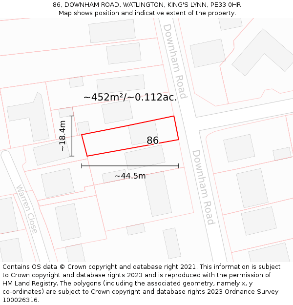 86, DOWNHAM ROAD, WATLINGTON, KING'S LYNN, PE33 0HR: Plot and title map