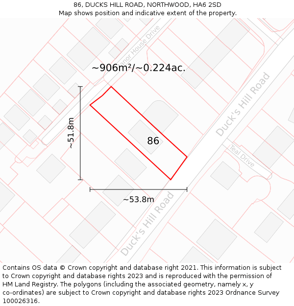 86, DUCKS HILL ROAD, NORTHWOOD, HA6 2SD: Plot and title map