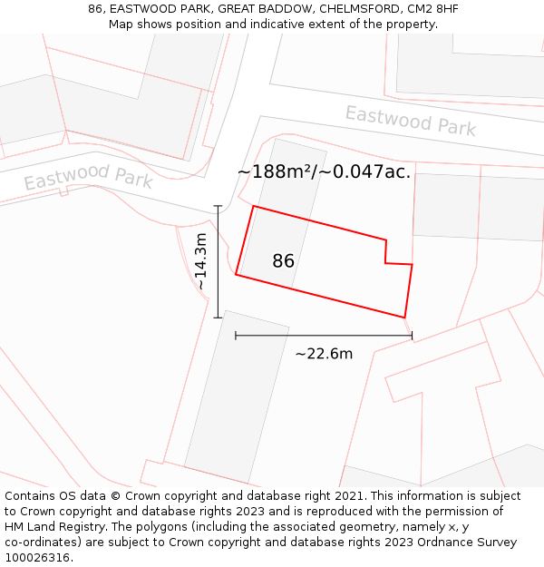 86, EASTWOOD PARK, GREAT BADDOW, CHELMSFORD, CM2 8HF: Plot and title map