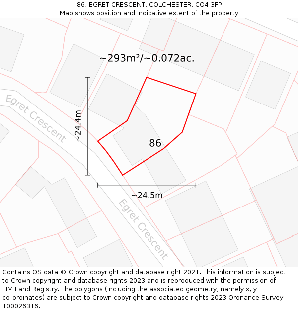 86, EGRET CRESCENT, COLCHESTER, CO4 3FP: Plot and title map