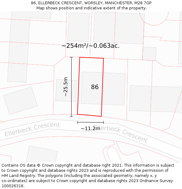 86, ELLERBECK CRESCENT, WORSLEY, MANCHESTER, M28 7GP: Plot and title map