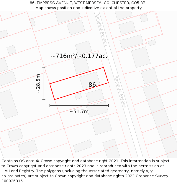 86, EMPRESS AVENUE, WEST MERSEA, COLCHESTER, CO5 8BL: Plot and title map