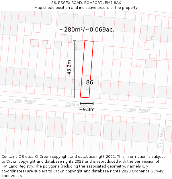 86, ESSEX ROAD, ROMFORD, RM7 8AX: Plot and title map