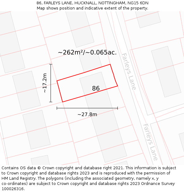 86, FARLEYS LANE, HUCKNALL, NOTTINGHAM, NG15 6DN: Plot and title map