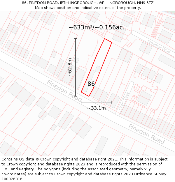 86, FINEDON ROAD, IRTHLINGBOROUGH, WELLINGBOROUGH, NN9 5TZ: Plot and title map