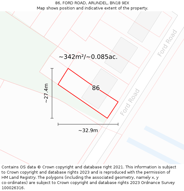 86, FORD ROAD, ARUNDEL, BN18 9EX: Plot and title map