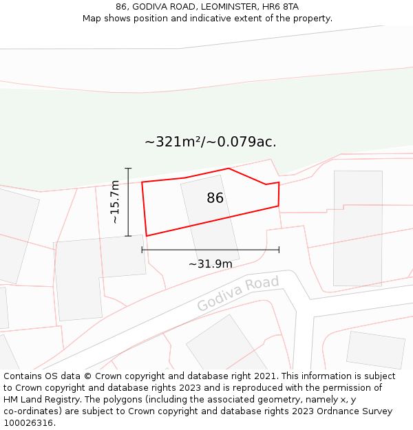 86, GODIVA ROAD, LEOMINSTER, HR6 8TA: Plot and title map