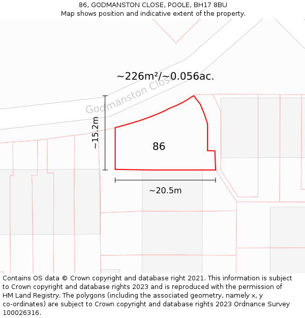 86, GODMANSTON CLOSE, POOLE, BH17 8BU: Plot and title map