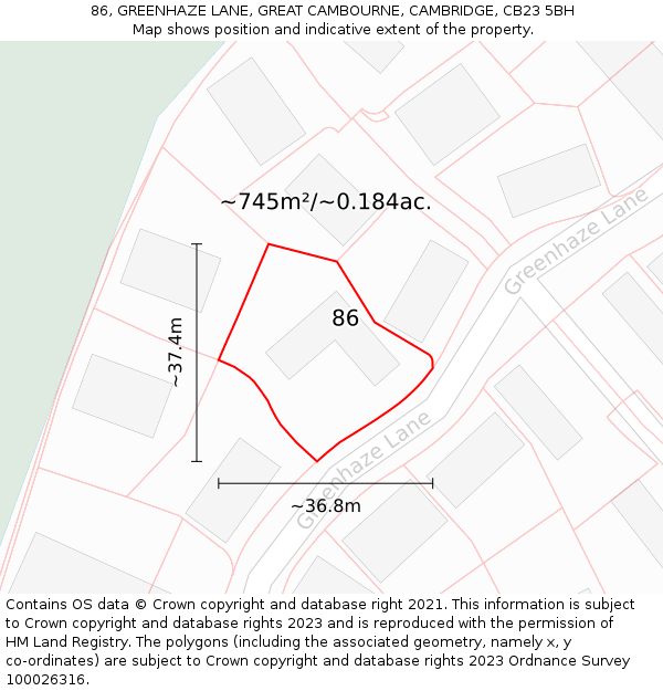 86, GREENHAZE LANE, GREAT CAMBOURNE, CAMBRIDGE, CB23 5BH: Plot and title map