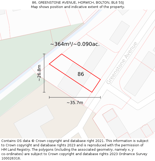 86, GREENSTONE AVENUE, HORWICH, BOLTON, BL6 5SJ: Plot and title map