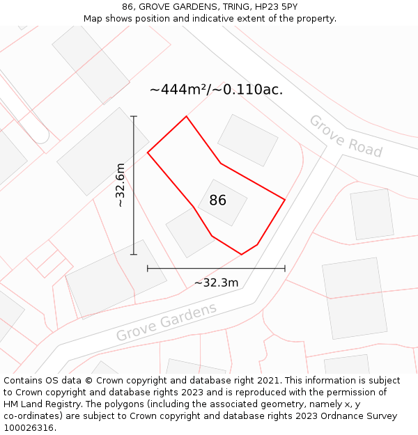 86, GROVE GARDENS, TRING, HP23 5PY: Plot and title map