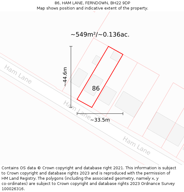 86, HAM LANE, FERNDOWN, BH22 9DP: Plot and title map