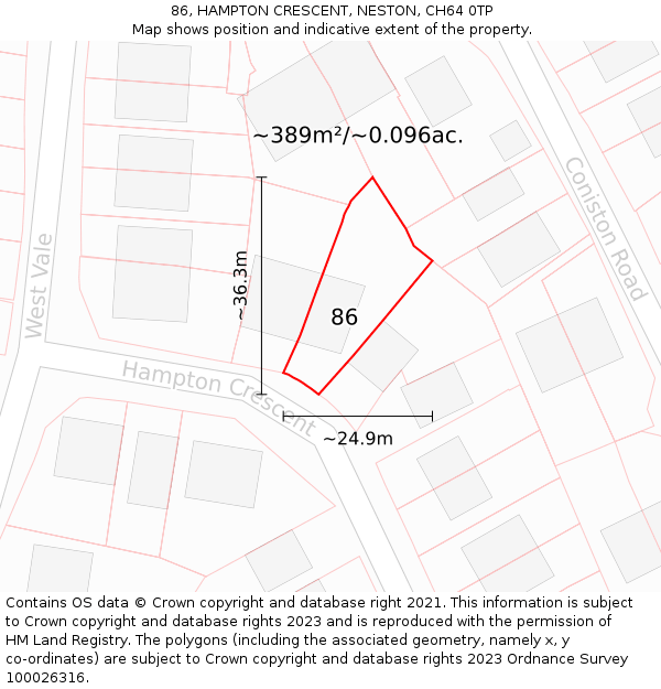 86, HAMPTON CRESCENT, NESTON, CH64 0TP: Plot and title map