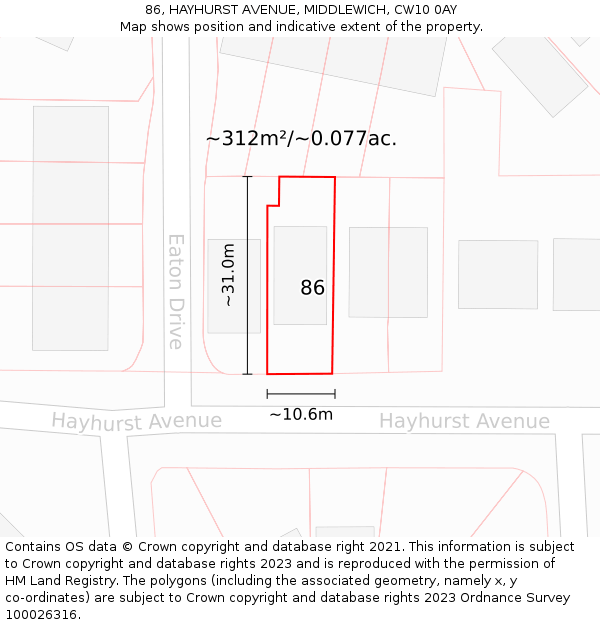 86, HAYHURST AVENUE, MIDDLEWICH, CW10 0AY: Plot and title map