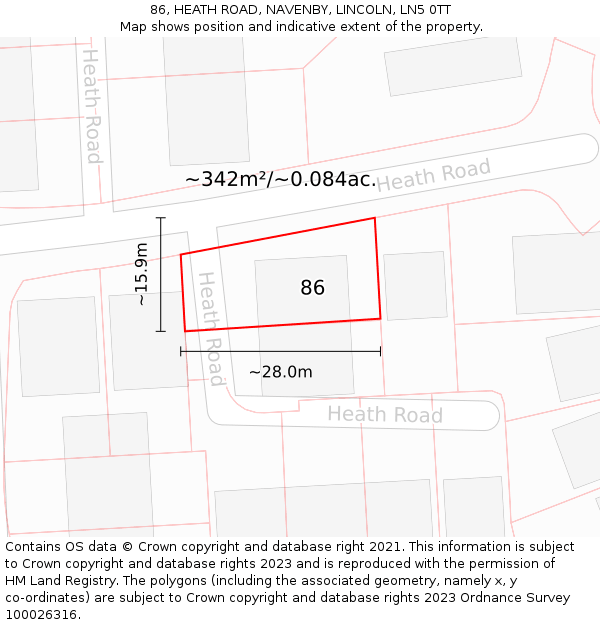 86, HEATH ROAD, NAVENBY, LINCOLN, LN5 0TT: Plot and title map