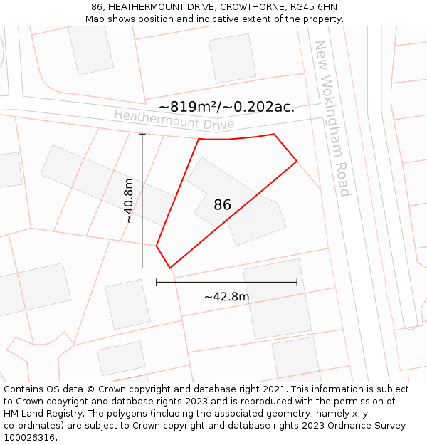 86, HEATHERMOUNT DRIVE, CROWTHORNE, RG45 6HN: Plot and title map